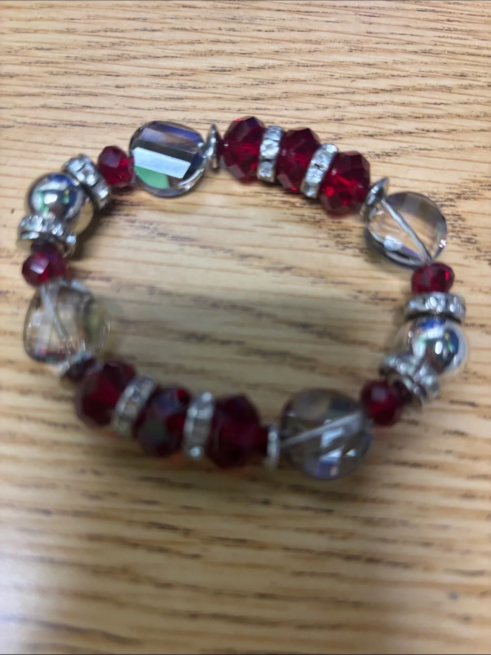 Unbranded Red & Iridescent Stretch Beaded Bracelet with Rhinestone Accents